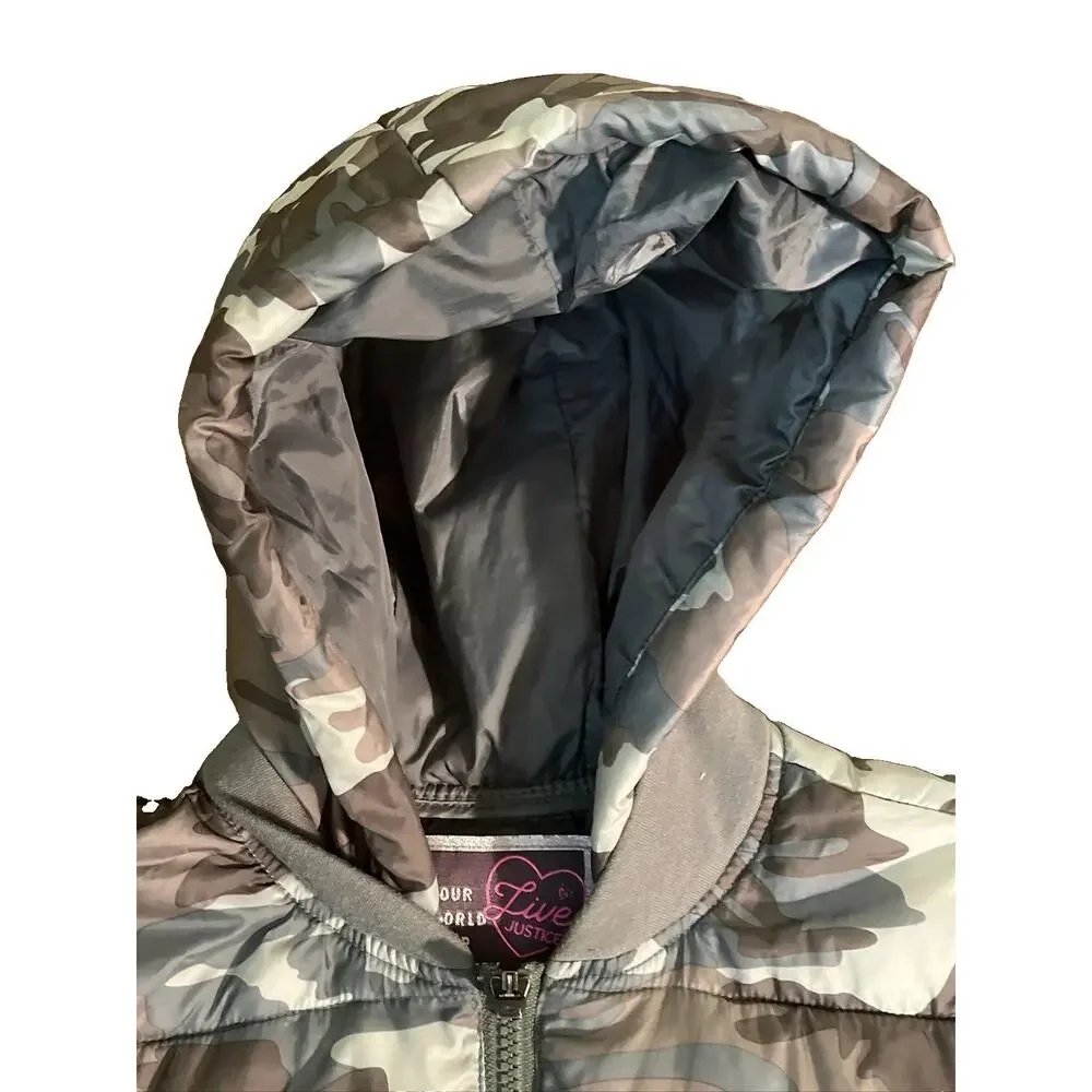 Justice Packable Puffer Jacket Girls Size 14/16 Camo Hooded Coat